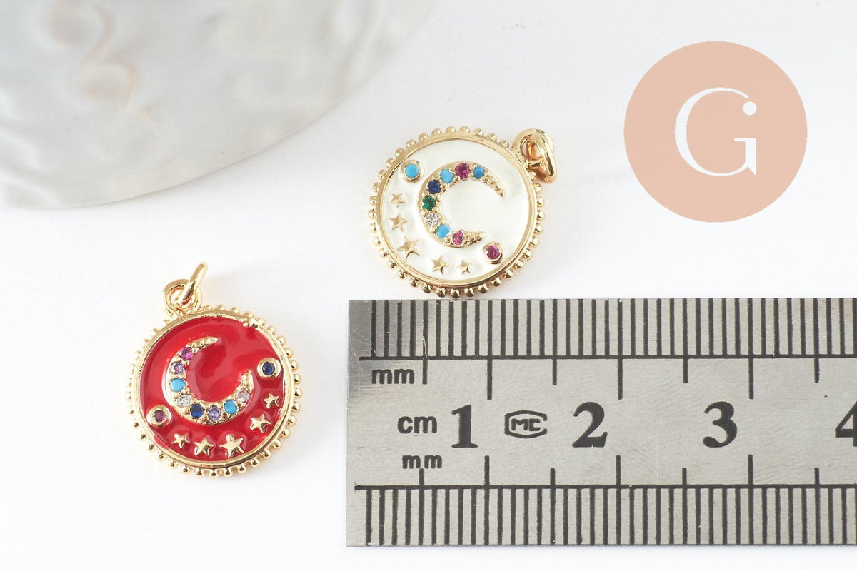 Pendentif lune émail zircon coloré laiton doré 18K 16.5mm, x1 (G3376)