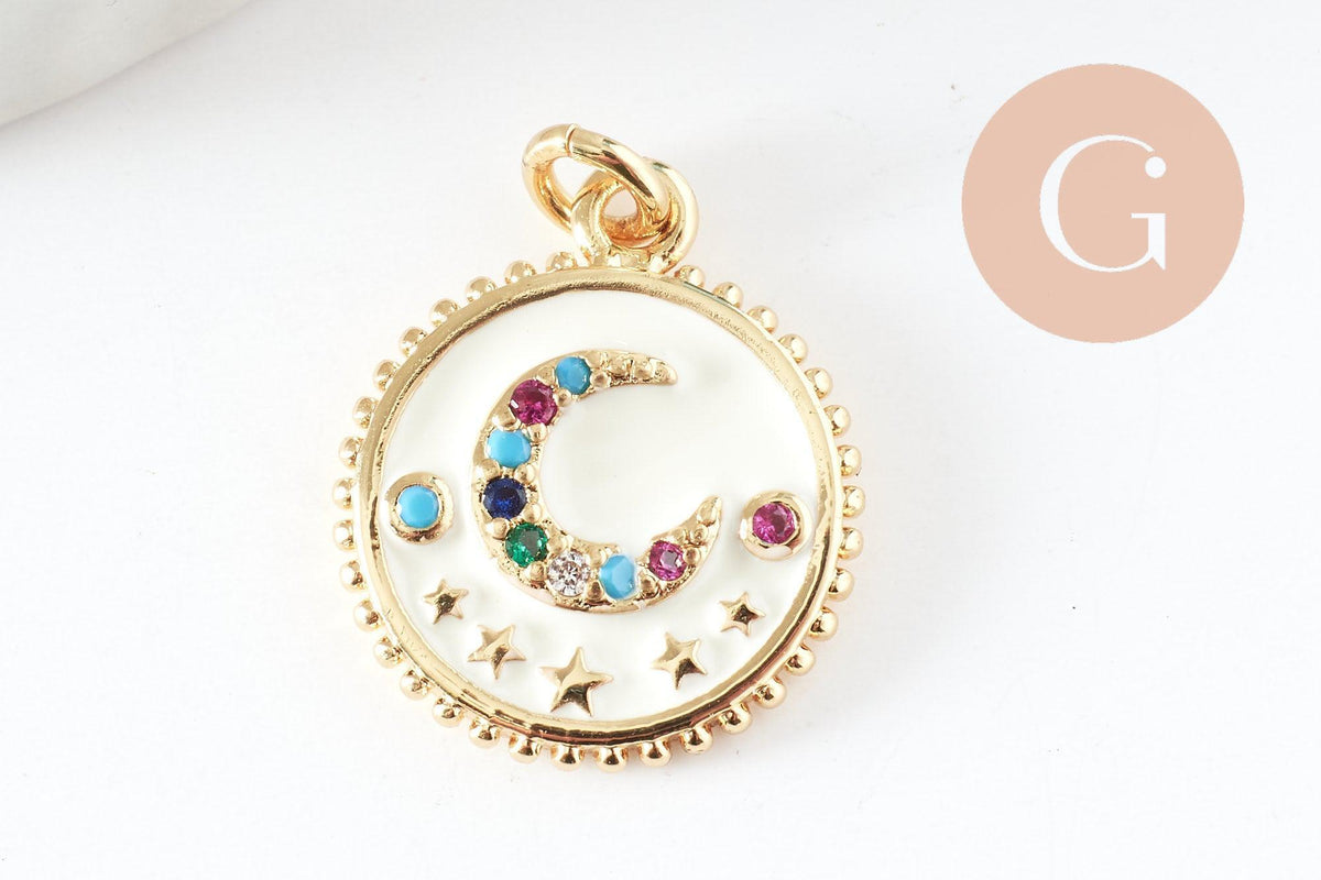 Pendentif lune émail zircon coloré laiton doré 18K 16.5mm, x1 (G3376)