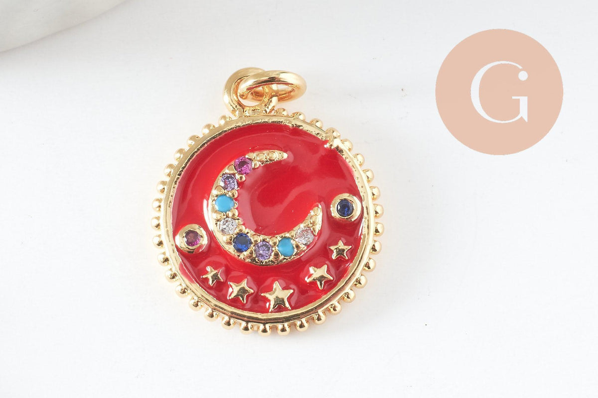 Pendentif lune émail zircon coloré laiton doré 18K 16.5mm, x1 (G3376)