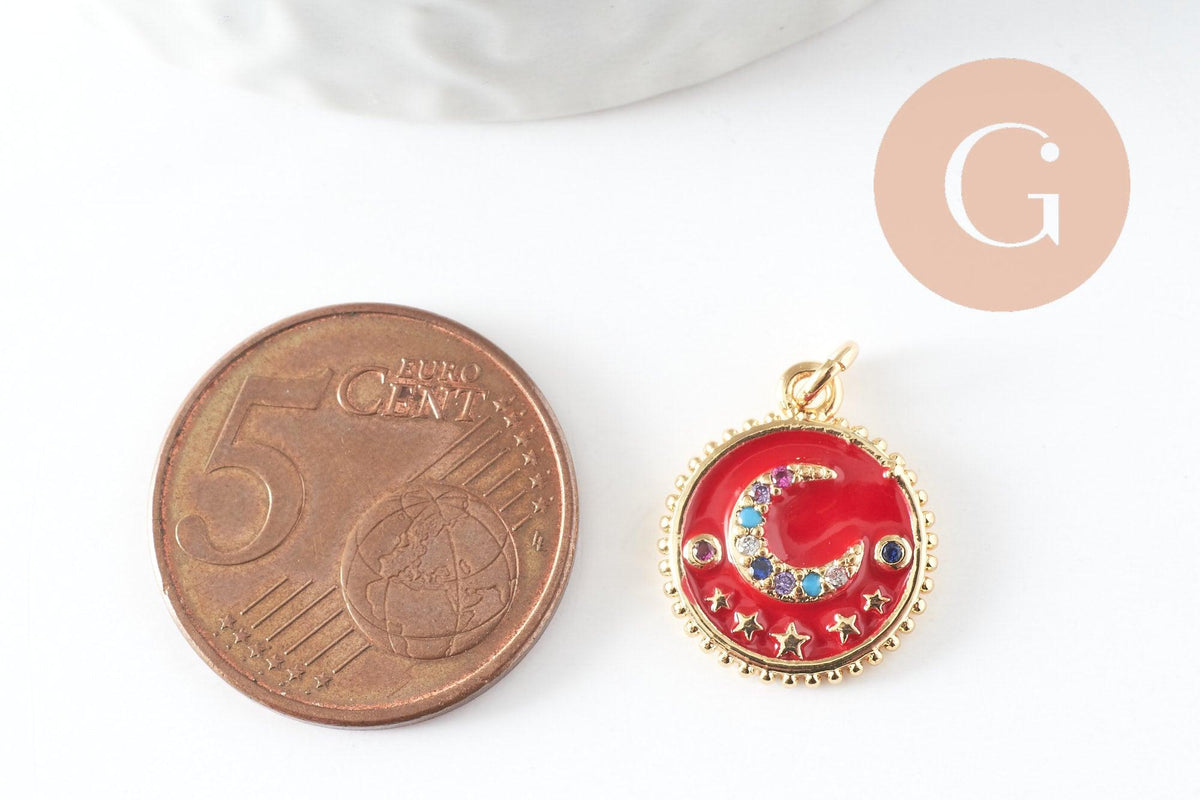 Pendentif lune émail zircon coloré laiton doré 18K 16.5mm, x1 (G3376)