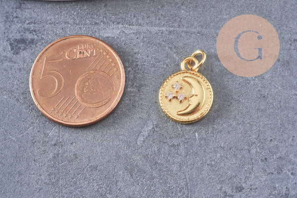Pendentif rond lune étoiles laiton doré 16K étoile zircon 15.3mm, un pendentif doré avec cristaux pour création bijoux, x1 (G5998)