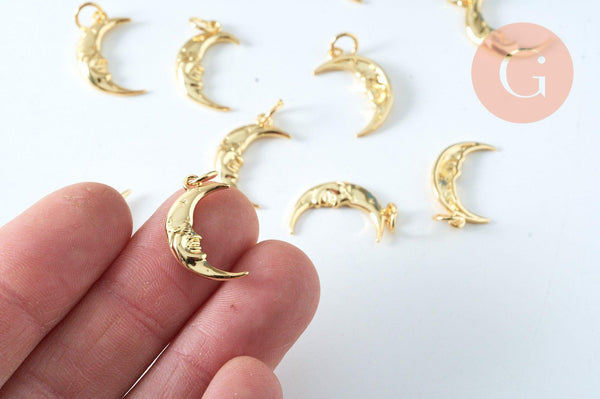 Pendentif rond lune étoiles laiton doré 16K étoile zircon 15.3mm, un pendentif doré avec cristaux pour création bijoux, x1 G6306