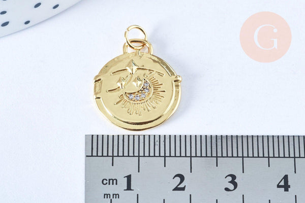 Pendentif rond lune laiton doré 18k cristal zircon 20x18mm,sans nickel, pendentif chance, x1 G6943