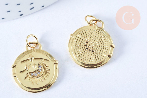Pendentif rond lune laiton doré 18k cristal zircon 20x18mm,sans nickel, pendentif chance, x1 G6943
