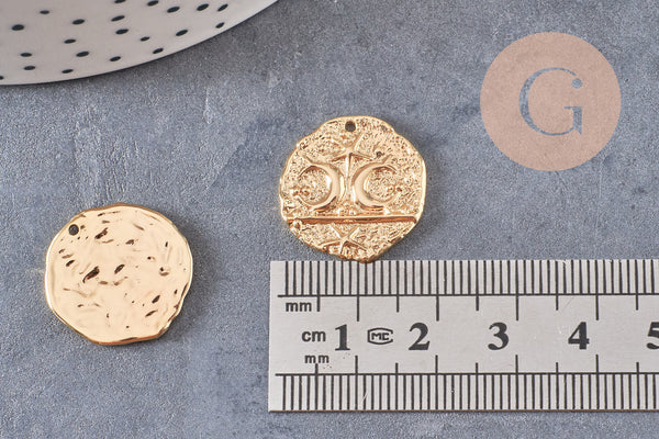 Pendentif rond lune protecteur chance en laiton zircon 18K 19mm, x1 (G10558)