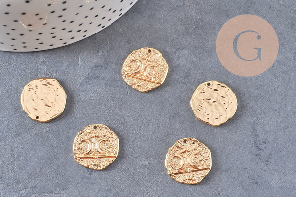 Pendentif rond lune protecteur chance en laiton zircon 18K 19mm, x1 (G10558)