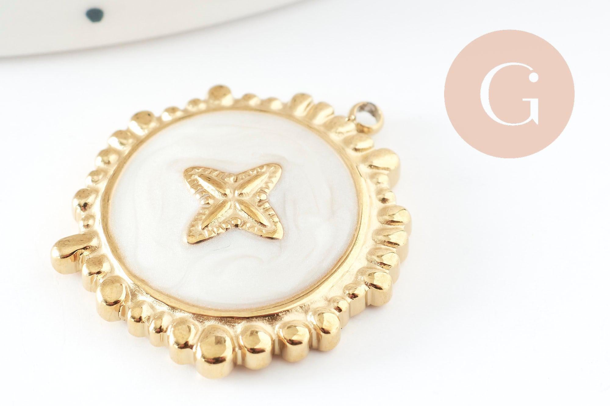 Pendentif rond motif fleur 304 inoxydable doré PVD résine blanche 23mm, x1 (G9405)