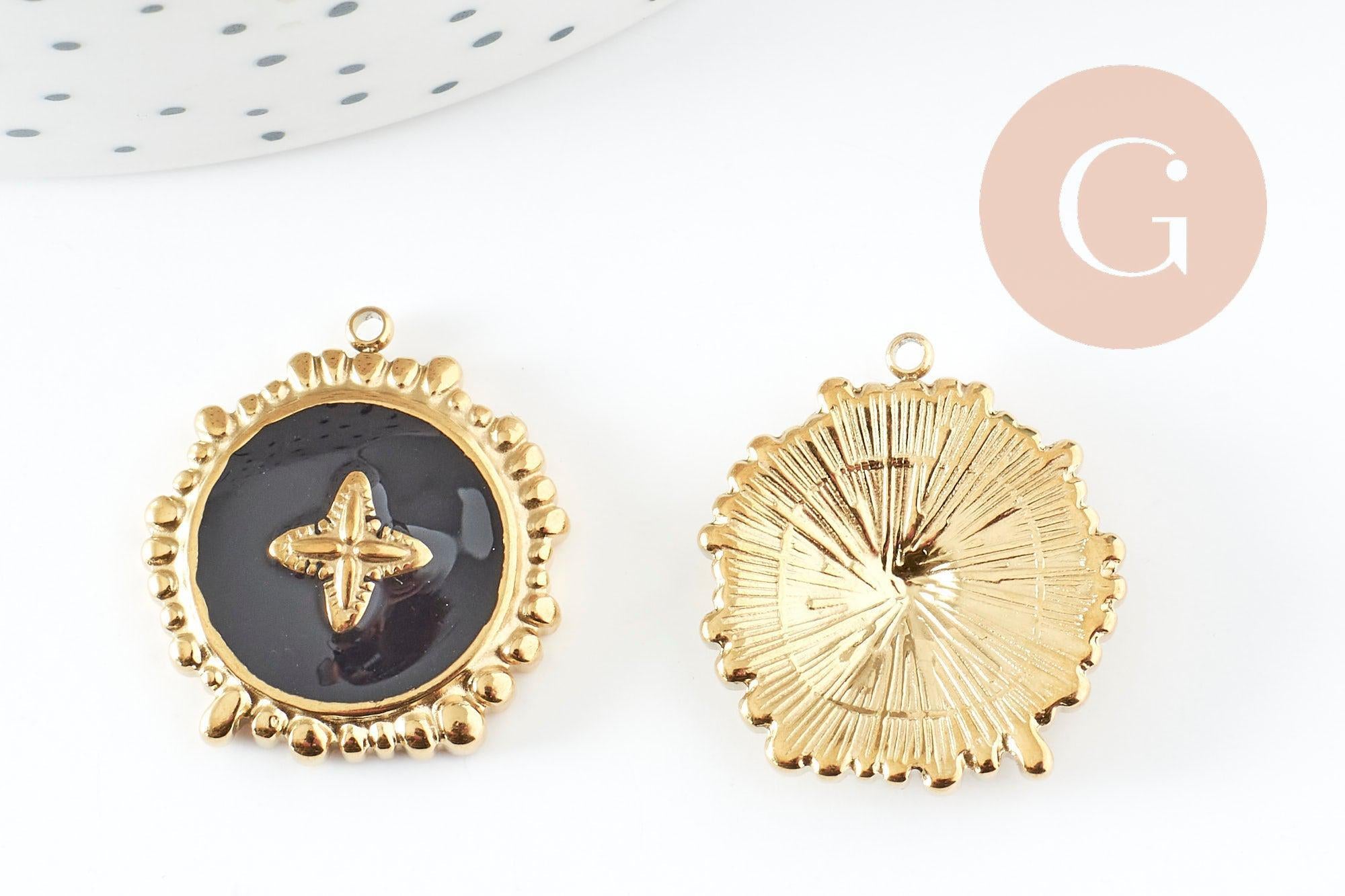 Pendentif rond motif fleur 304 inoxydable doré PVD résine noire 23mm, x1 G9406