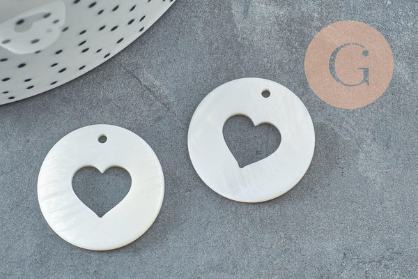 Pendentif rond nacre blanche coeur, pendentif coquillage, coquillage blanc,coquillage naturel, 25mm, x2 G2187