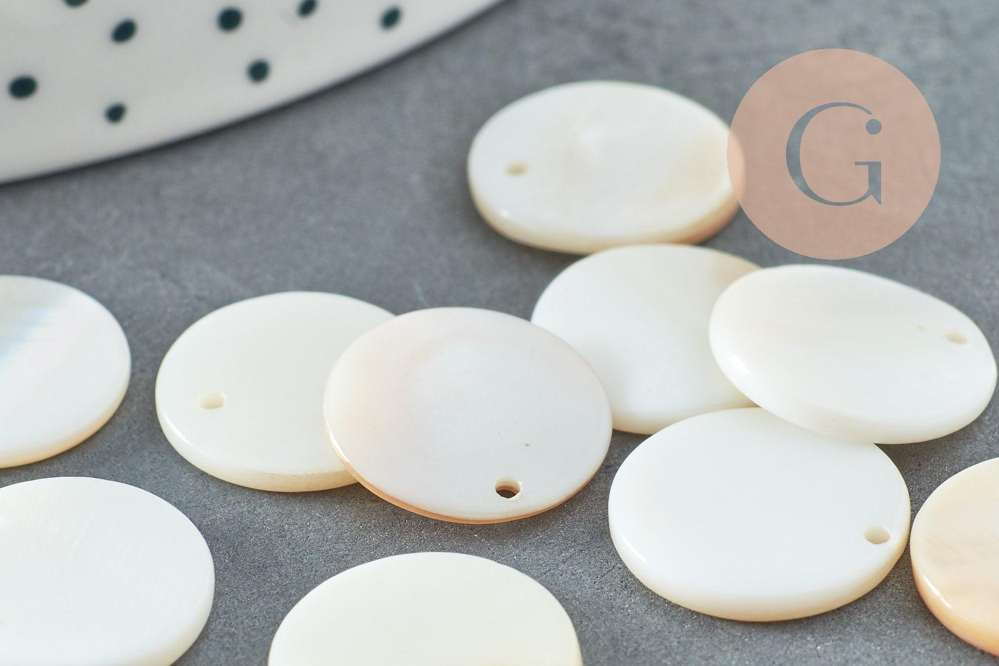 Pendentif rond nacre blanche naturelle 15mm, x10 ou x20 (G2181)