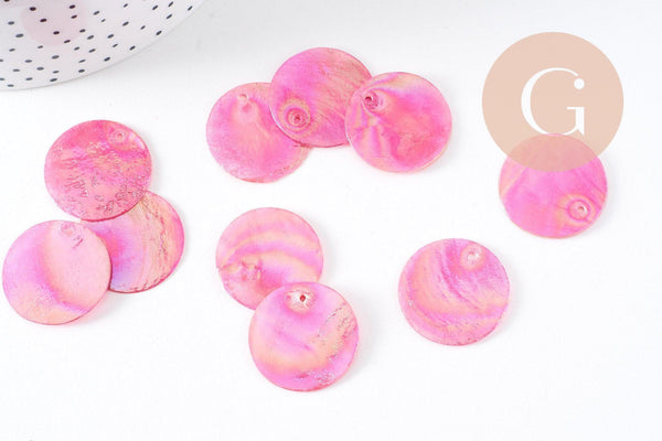 Pendentif rond nacre rose fuchsia irisé 25mm, x10 (G3975)