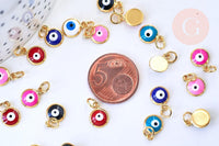 Pendentif rond oeil protecteur émail laiton doré 18K 11mm,x1 (G5647)