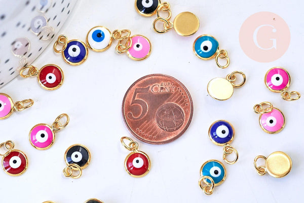 Pendentif rond oeil protecteur émail laiton doré 18K 11mm,x1 (G5647)