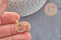 Pendentif rond planète étoiles laiton doré 18K zircons 21mm,pendentif doré création bijoux, x1 (G7388)