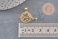Pendentif rond planète étoiles laiton doré 18K zircons 21mm,pendentif doré création bijoux, x1 (G7388)