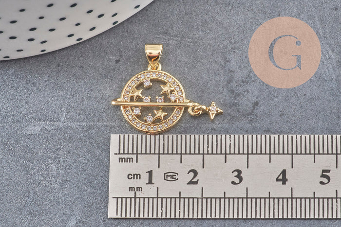 Pendentif rond planète étoiles laiton doré 18K zircons 21mm,pendentif doré création bijoux, x1 (G7388)