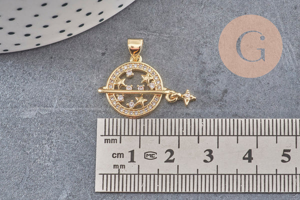Pendentif rond planète étoiles laiton doré 18K zircons 21mm,pendentif doré création bijoux, x1 (G7388)
