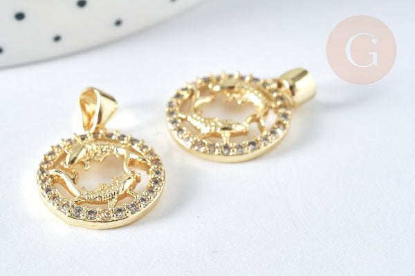 Pendentif rond signe astrologie poissons laiton doré zircons blancs 19mm, x1 (G7419)