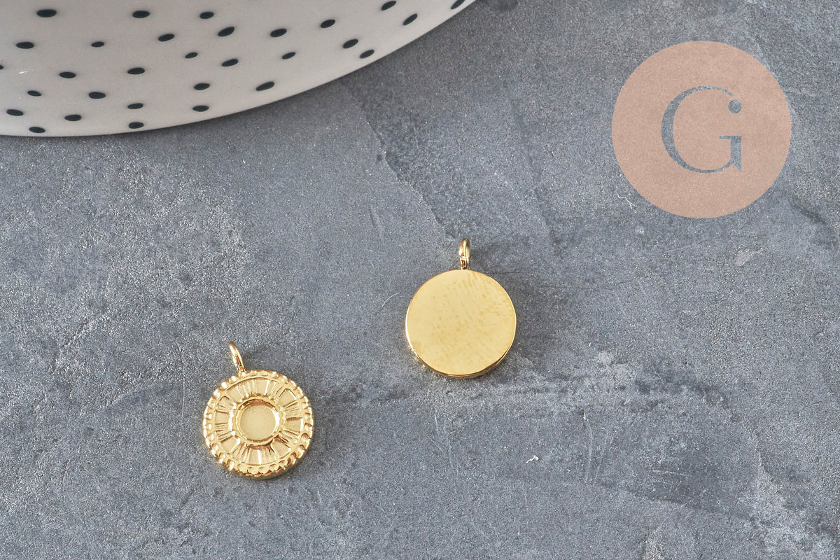 Pendentif rond soleil acier inoxydable 304 doré 14K IP 12.5mm, x1 (G8774)-Breloques et pendentifs-Gingerlily Perles