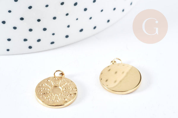 Pendentif rond soleil acier inoxydable 304 doré 14K IP 18.5mm, x1 (G8772)