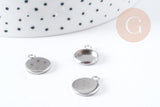 Pendentif rond support cabochon acier 304 inoxydable platine 15mm, x10 (G8940)