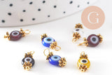 Pendentif rond verre oeil protecteur multicolore support zamac doré 9mm, x10 (G3934)