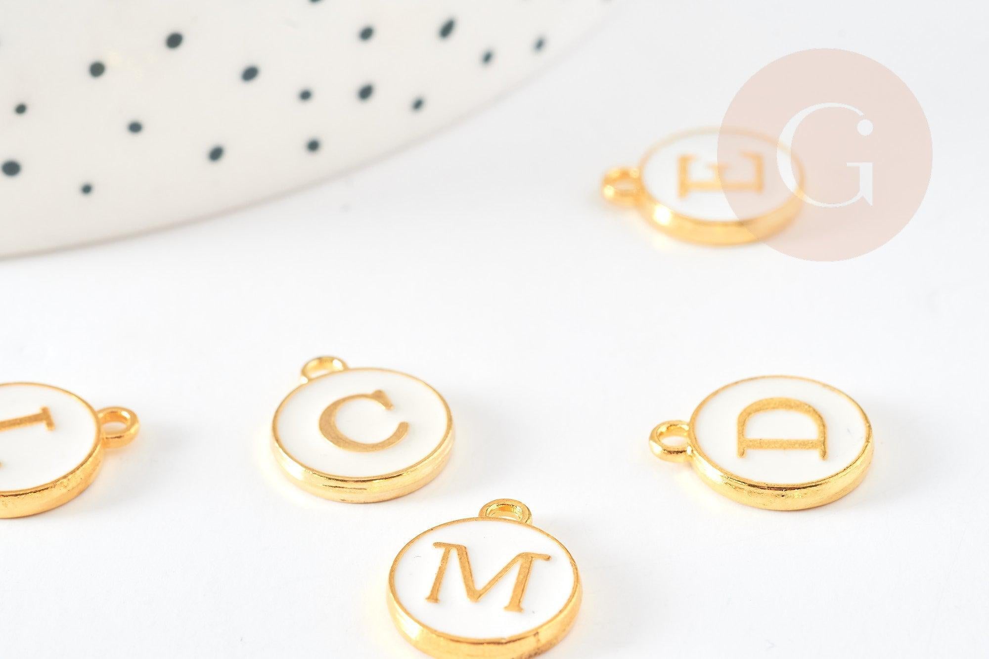 Pendentif rond zamac doré initiale alphabet émail blanc 14mm, x1 (G2522)