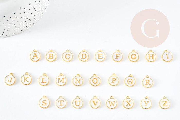 Pendentif rond zamac doré initiale alphabet émail blanc 14mm, x1 (G2522)