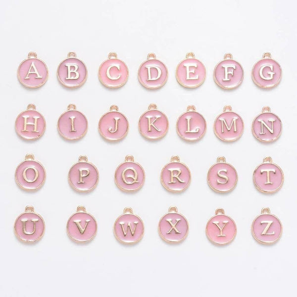 Pendentif rond zamac doré initiale émail rose clair 14mm, x1 (G2933)