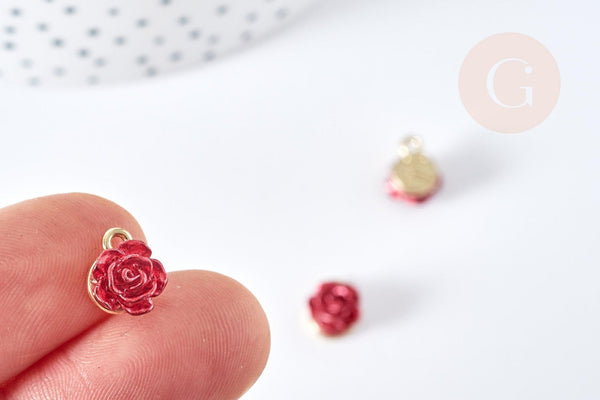 Pendentif roses rouge résine zamac doré 9.5mm, création bijoux baroque, x1 G8563
