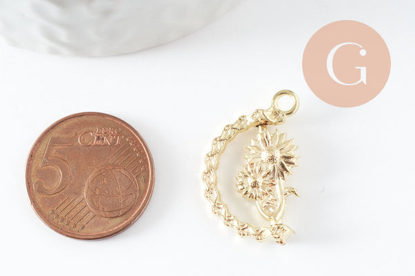 Pendentif rotatif fleurs doré zamac dore 25mm, x2 (G3317)