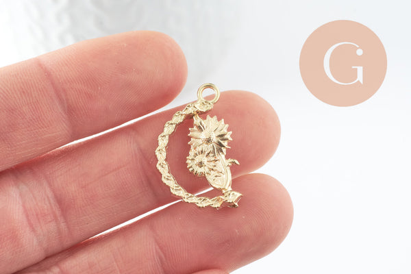 Pendentif rotatif fleurs doré zamac dore 25mm, x2 (G3317)