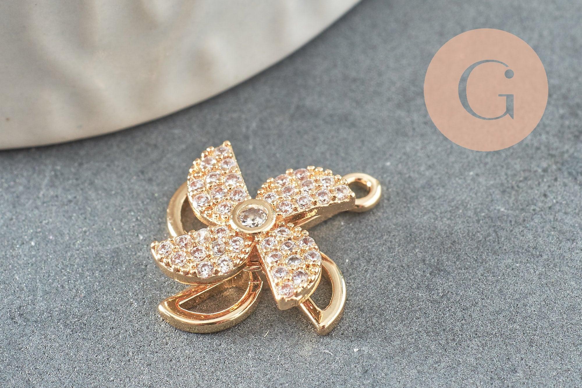 Pendentif rotatif moulin à vent doré cristal zircon 20mm, x1 (G3596)