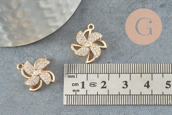 Pendentif rotatif moulin à vent doré cristal zircon 20mm, x1 (G3596)