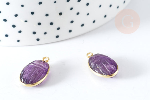 Pendentif scarabée améthyste naturelle argent 925 doré 18K 20mm,pendentif pierre chance, x1 (G7724)