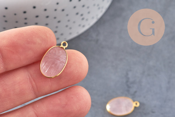 Pendentif scarabée quartz rose naturel argent 925 doré 18K 20mm, x1 (G10853)