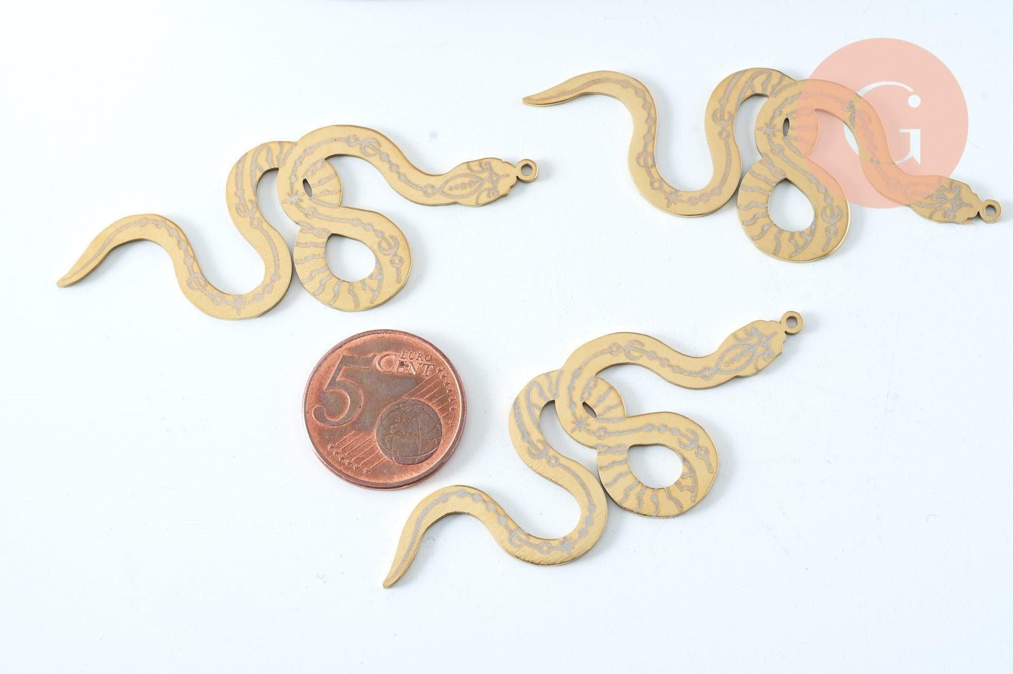 Pendentif serpent gravé acier 201 inoxydable doré 34.5mm, x1 (G6015)