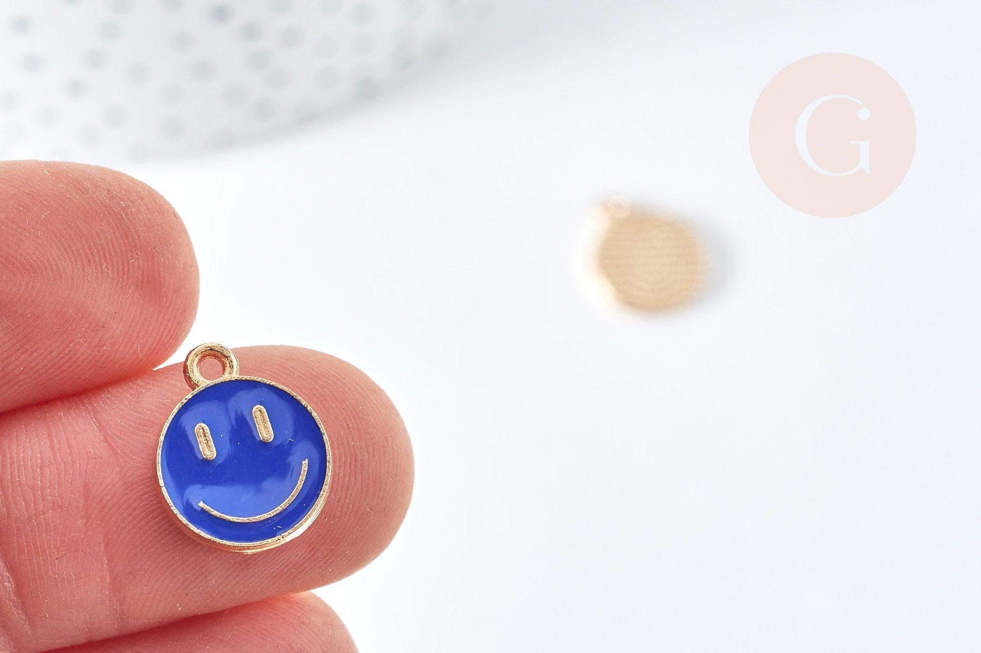 Pendentif smiley zamac doré émaillé bleu 12mm, x5 (G8416)