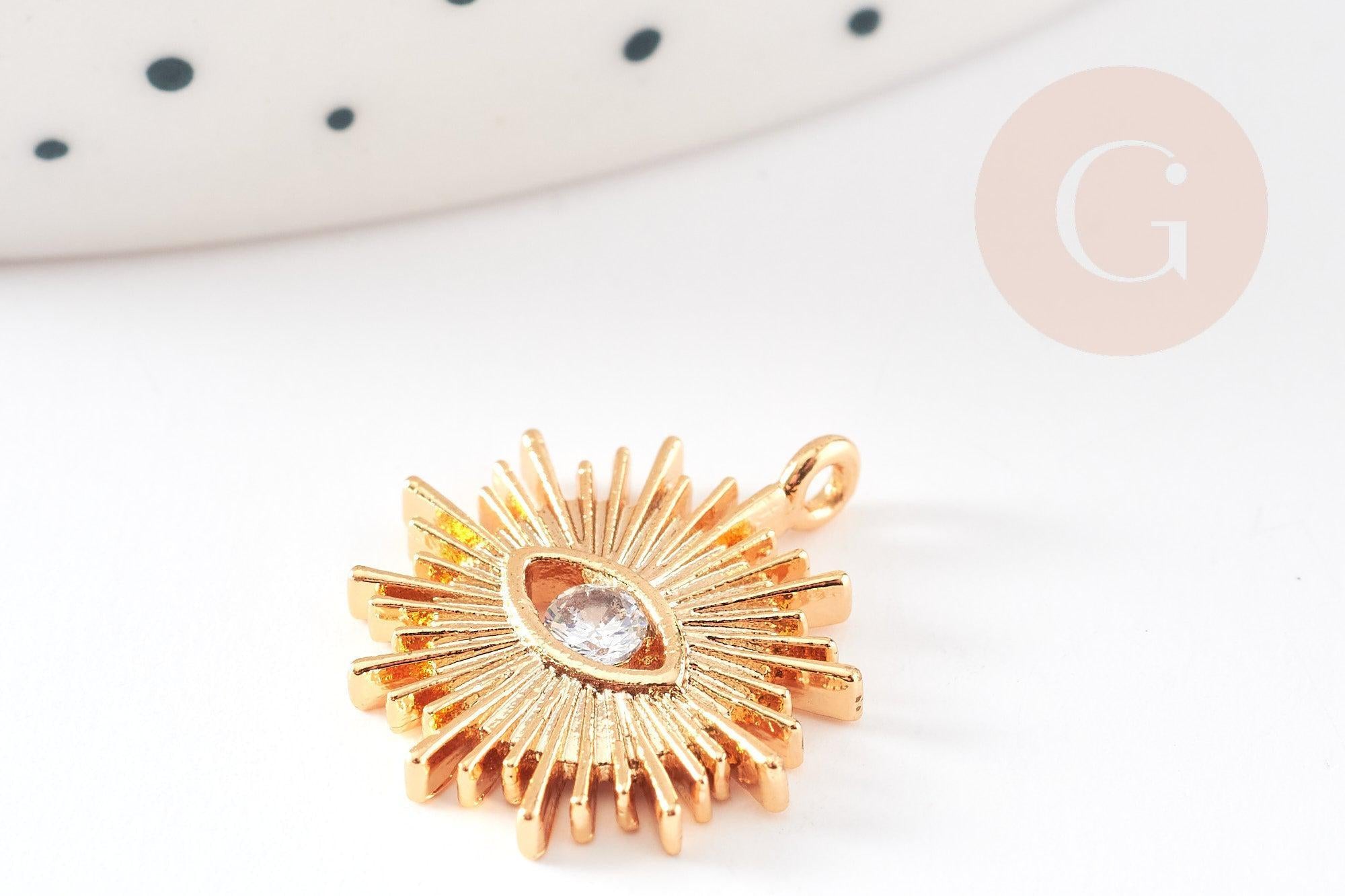 Pendentif soleil laiton doré 18k zircon 17mm, pendentif en cristal pour création bijoux porte bonheur pour femme en zircon, x1 G3968