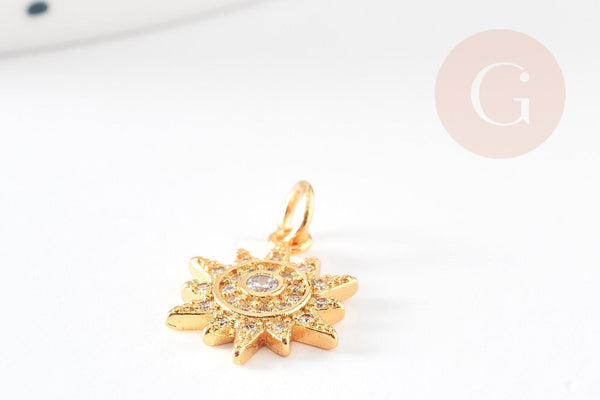 Pendentif soleil laiton doré zircon, pendentif en cristal pour création bijoux porte bonheur pour femme en zircon,14mm, x1 G4266
