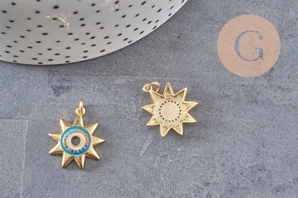 Pendentif soleil oeil cristal zircon émail bleu 21.5mm, x1 (G3555)