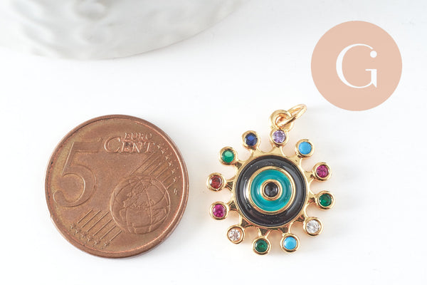 Pendentif soleil oeil cristal zircon émail coloré, 21.5mm, x1 (G6197)