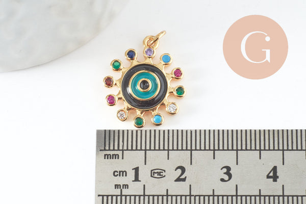 Pendentif soleil oeil cristal zircon émail coloré, 21.5mm, x1 (G6197)