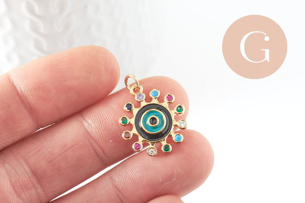 Pendentif soleil oeil cristal zircon émail coloré, 21.5mm, x1 (G6197)