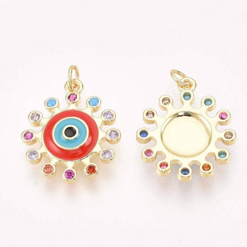 Pendentif soleil oeil cristal zircon émail coloré, 21.5mm, x1 (G6197)