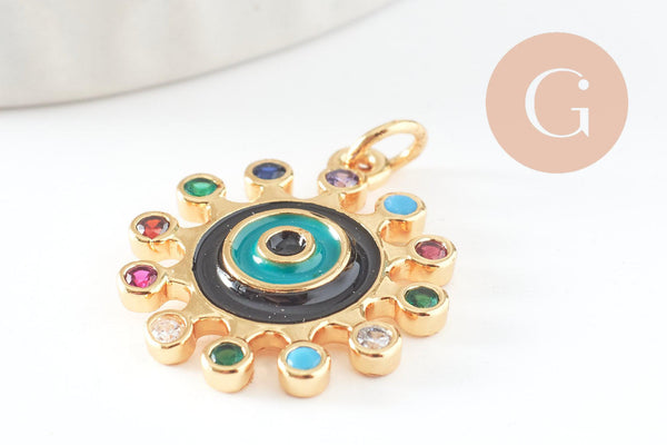 Pendentif soleil oeil cristal zircon émail coloré, 21.5mm, x1 (G6197)