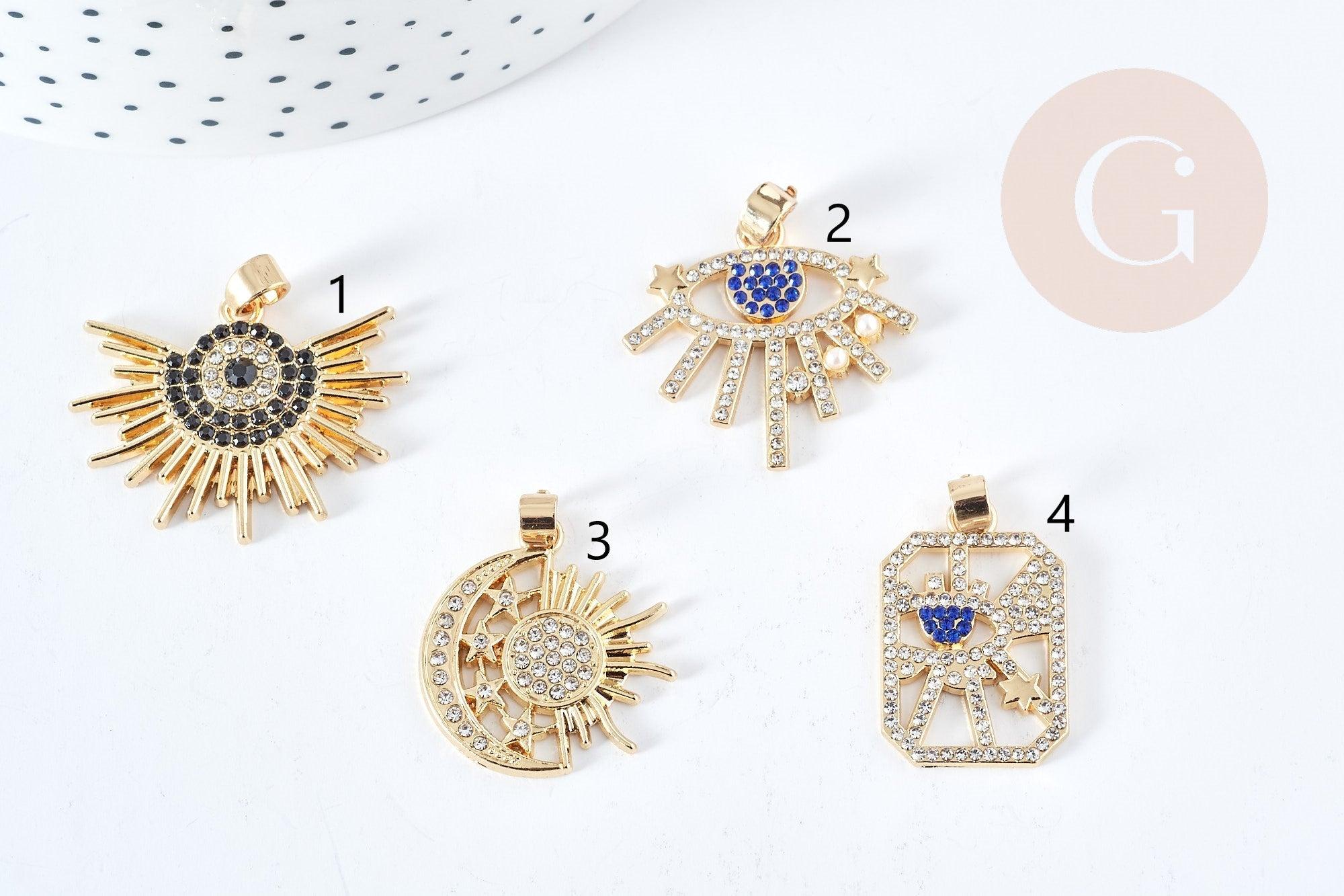 Pendentif soleil oeil protecteur chance zamac doré zircon 18K 13-30mm,Pendentif doré porte-bonheur x1 G7690