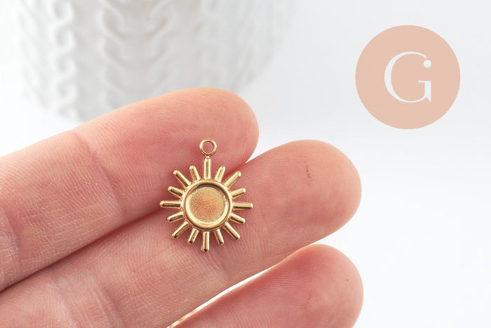 Pendentif soleil support pour cabochon 6mm acier 304 inoxydable doré IP, x2 (G9857)