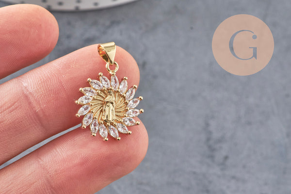 Pendentif soleil vierge marie laiton doré 18k zircon 21mm, cristal pour création bijoux porte bonheur femme en zircon, x1 (G8518)
