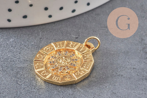 Pendentif soleil zodiaque doré 18K et zircons,pendentif doré horoscope,porte-bonheur,laiton doré, Pendentif soleil,21mm, x1 G4063